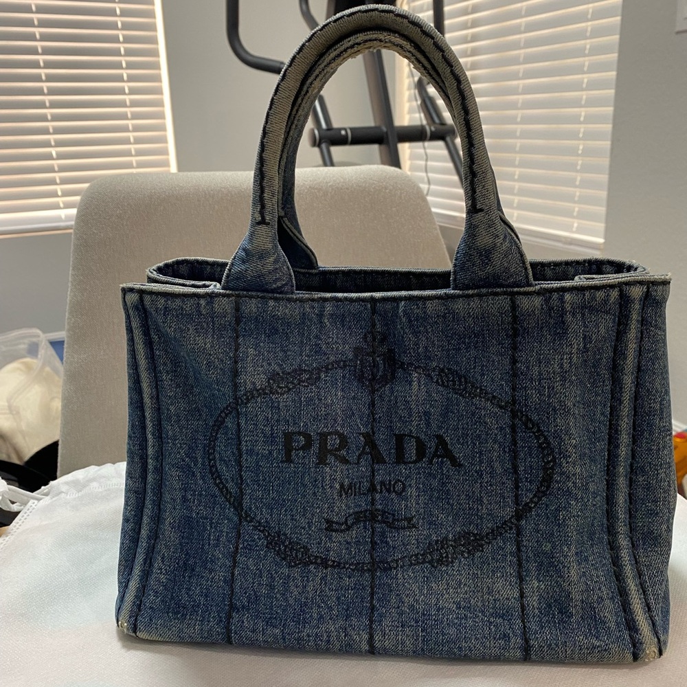 Prada Blue Denim Tote with Logo